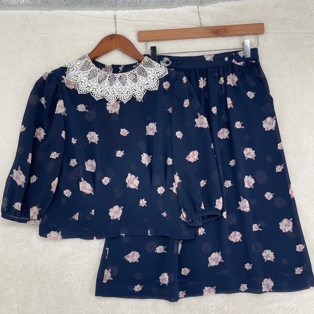 Vtg Navy Floral Skirt & Lace Collar Blouse Set Sheer M 80s Coord Croquette Girly